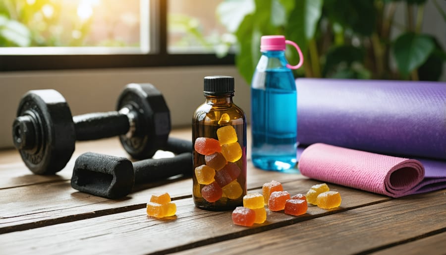 An inviting scene depicting a bottle of CBD gummies placed on a table with gym equipment like dumbbells, a yoga mat, and a sports water bottle, illustrating the role of CBD gummies in fitness recovery.