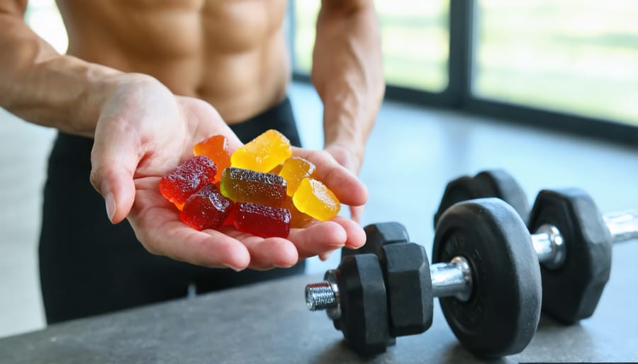 A hand holding brightly colored CBD gummies with gym equipment like dumbbells and a yoga mat visible in the backdrop