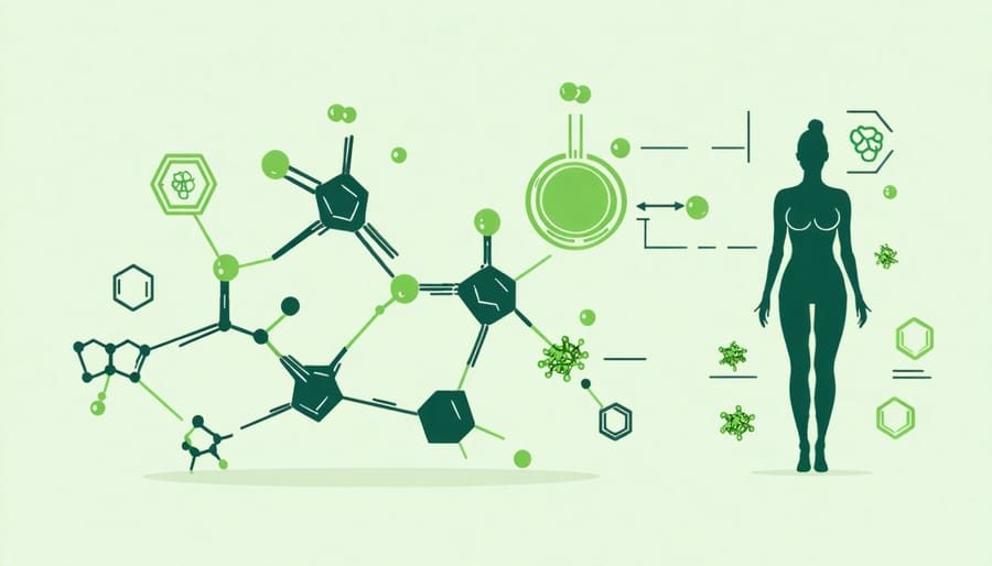 A conceptual drawing showing the CBD molecule and human body interaction processes