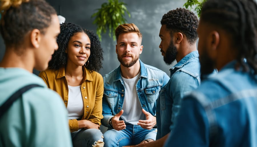 A diverse group in a casual setting sharing experiences about CBD use for fitness recovery