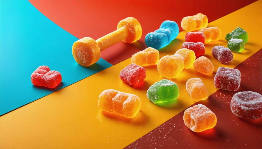 Illustration of colorful freeze-dried candies in a gym setting, symbolizing their innovative role in fitness nutrition as a quick energy source.