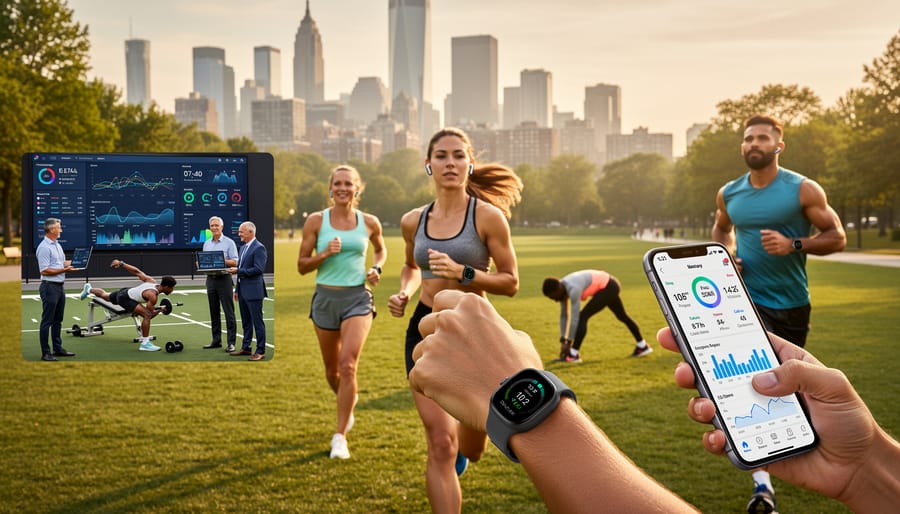 Recreational athlete using fitness tracking smartwatch during gym workout and recovery