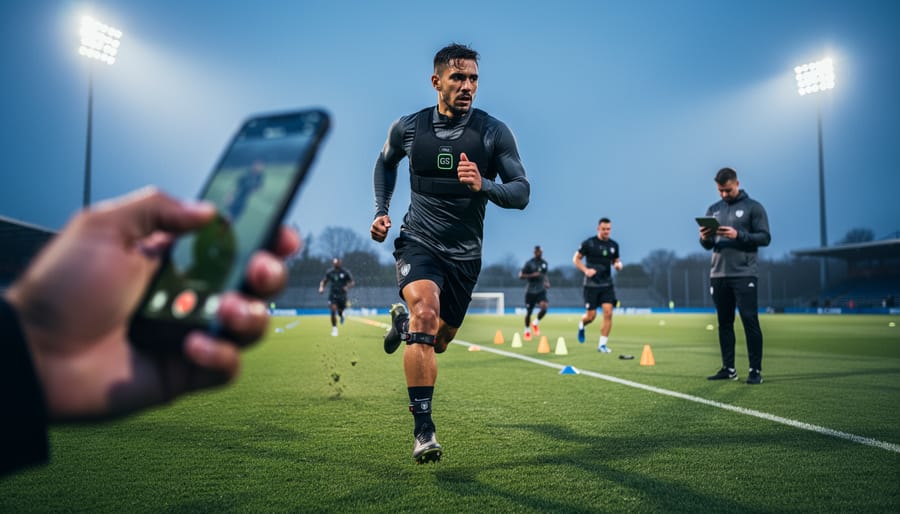Athlete sprinting in a GPS vest on a dusk practice field, with an out-of-focus hand holding a smartphone in the foreground and blurred cones, teammates, and a coach with a tablet in the background.