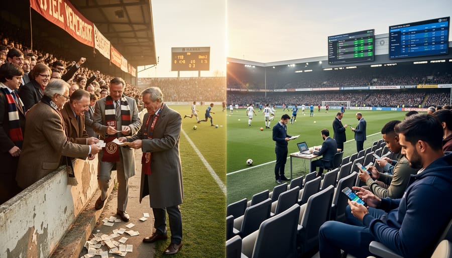 Vintage photograph of early 20th century football stadium crowd showing historical betting culture context