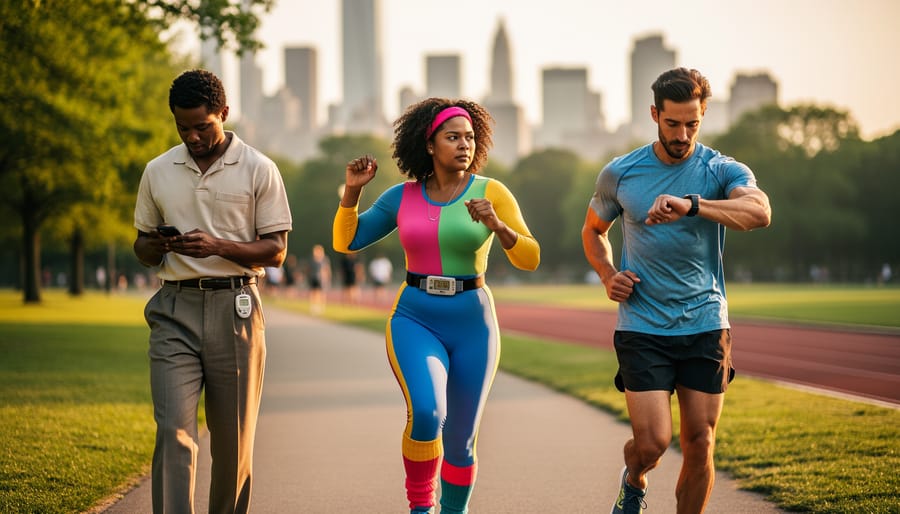 Three adults in a sunlit city park show decades of fitness tech: a walker with a belt-mounted mechanical pedometer, an aerobics participant wearing a chest heart-rate strap and digital watch, and a runner checking a smartwatch, with a blurred skyline and track behind.