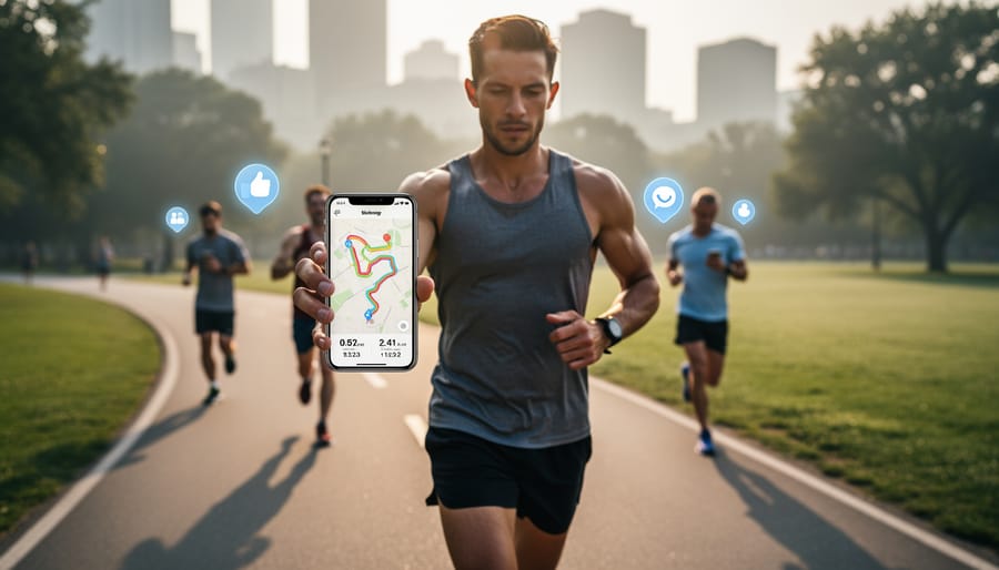 Runner holding smartphone displaying fitness tracking app during outdoor morning run