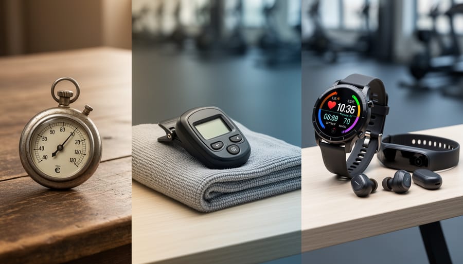 Vintage mechanical pedometer displayed next to modern fitness smartwatch showing technological progression