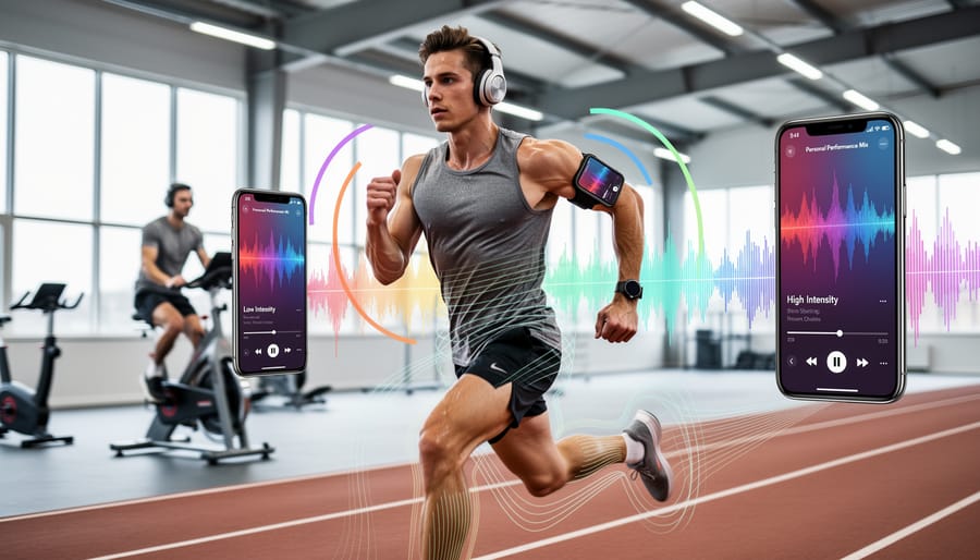 Female athlete running on forest trail while listening to music through wireless headphones