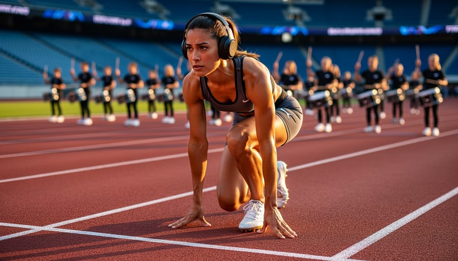 Female sprinter in starting position on an outdoor track at golden hour wearing wireless headphones, with a blurred stadium drumline rehearsing in the background.