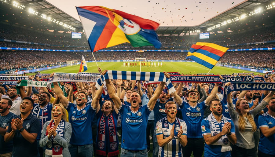 Diverse stadium crowd singing together with raised arms during sporting event