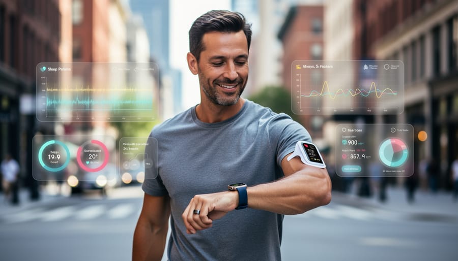 Close-up of smartwatch on wrist showing active heart rate sensor during fitness activity