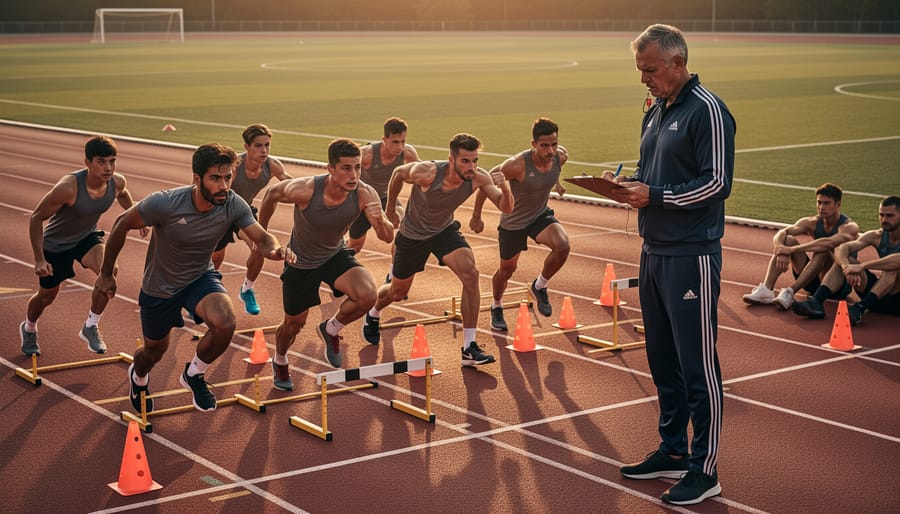 Athletes running on a sports field while a separate authority figure stands aside with a whistle.