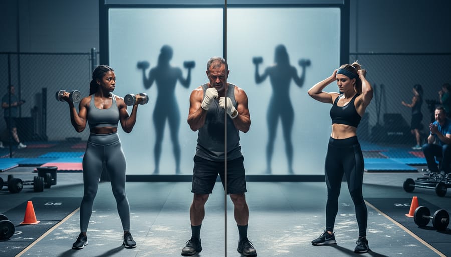 Diverse athletes training in a worn community gym with an upscale studio suggested in the background through frosted glass and shadows.
