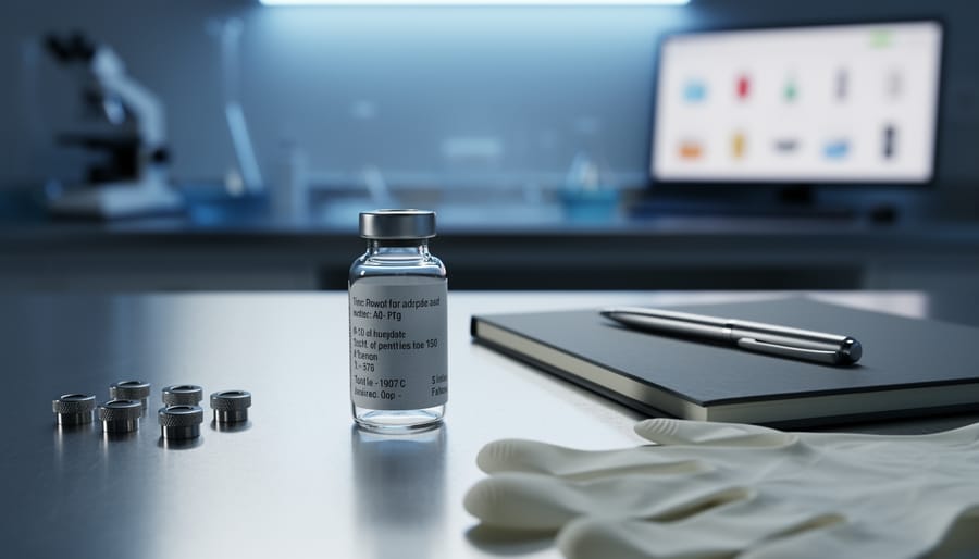 Close-up of a lab bench with a glass vial and sterile lab items, photographed with a cool, modern tone to suggest research peptides and market ambiguity.