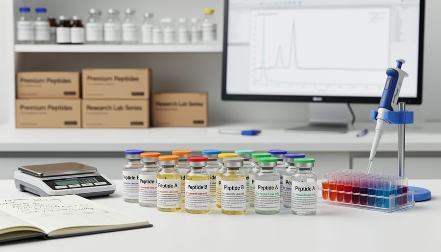 Gloved hands holding unlabeled lab vials on a sterile laboratory bench
