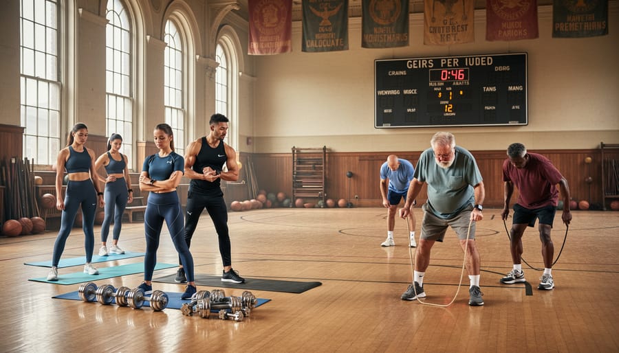 People in athletic attire stretching in a vintage wooden gymnasium with rowing machines and high-window daylight.