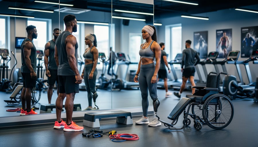 Diverse athletes and gym-goers reflected in a mirror in a modern gym, highlighting how cultural standards can shape how bodies are seen.