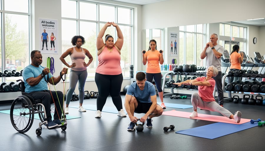 Diverse adults stretching together in an inclusive gym with accessible fitness equipment