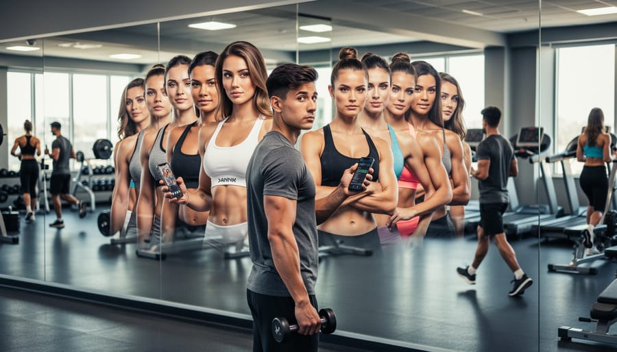 Person adjusting training gloves in a gym while mirror reflections show other people lifting in the background