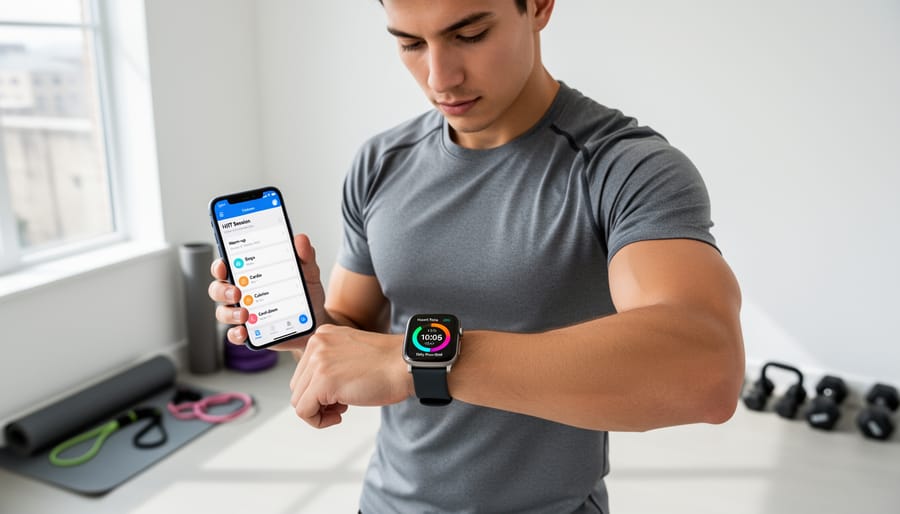 Close-up of hands tying shoelaces with a fitness wearable visible on the wrist outdoors