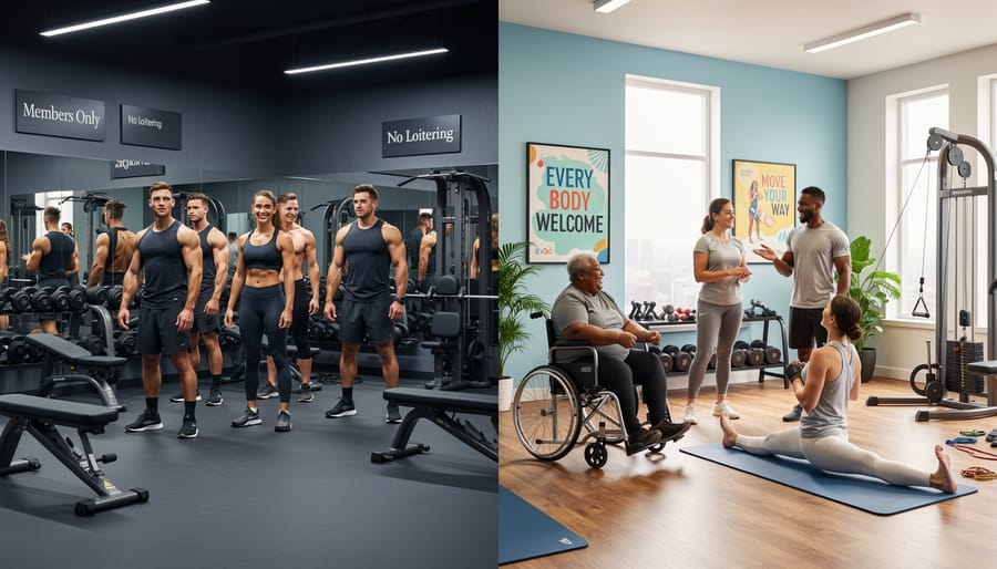 People practicing in a modern fitness studio, with adaptive equipment visible in the room