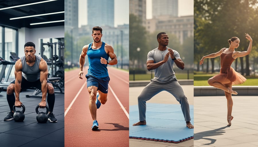 Diverse people practicing kettlebell lifting, running, martial arts, and dance in a realistic outdoor-and-gym activity scene.